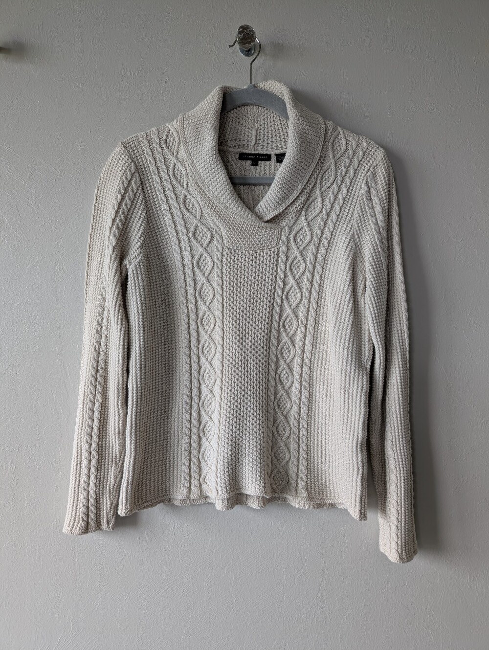 JEANNE PIERRE Cream Cable Knit Cowl Sweater Cotton Hongkong Size M
